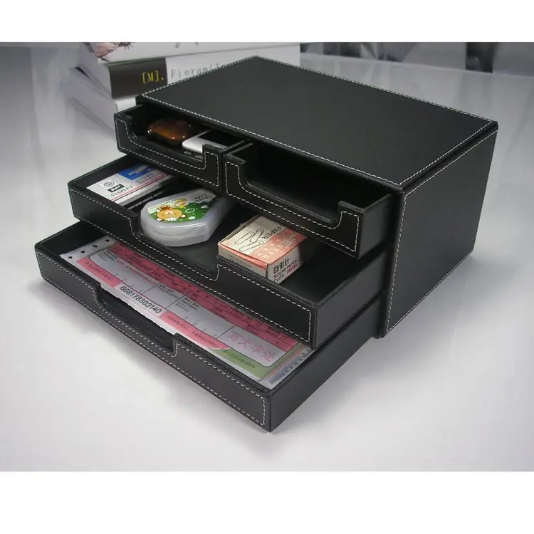 PU Leather Wooden Desk Organizer File Cabinet Office Supplies Desktop Storage Organizer Box with Drawer