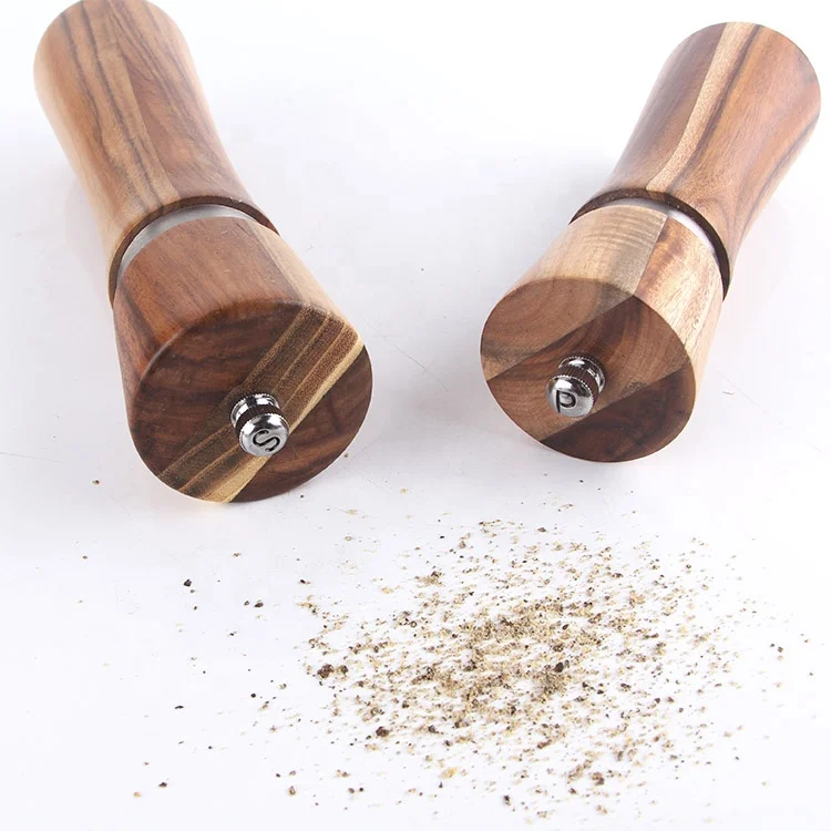 manual acacia wood salt and pepper mill set with ceramic grinder, 2 pieces mini wooden salt and pepper grinder set
