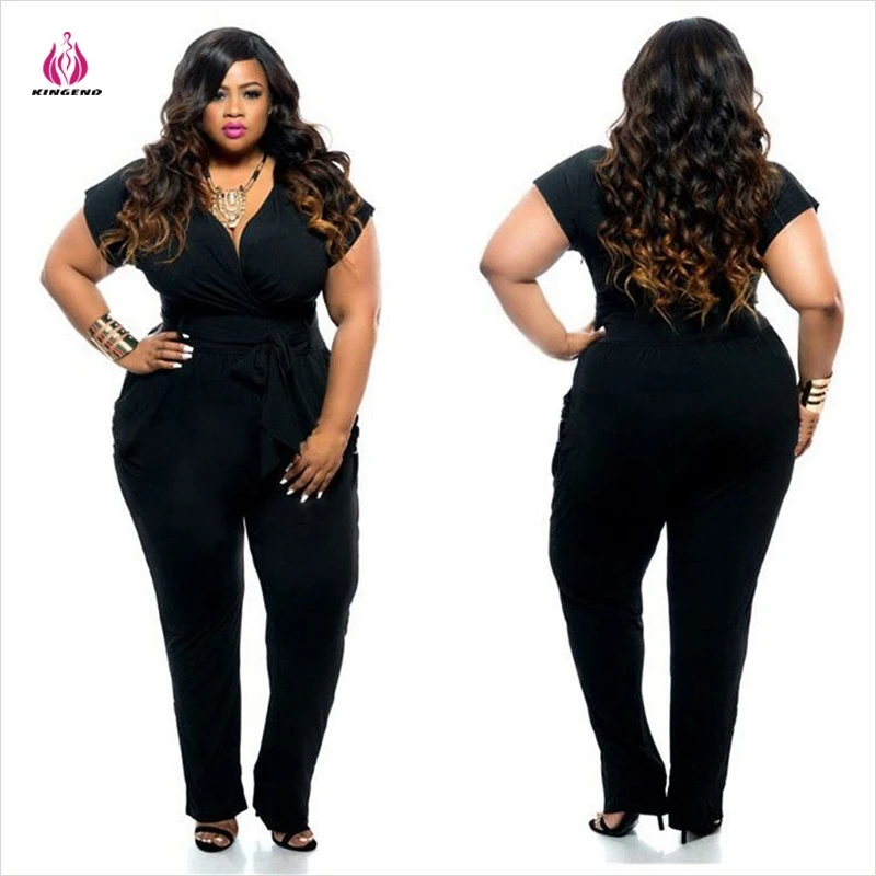 K2152 Wholesale Fashion V-Neck Short-Sleeved Solid Color Sexy Plus Size Jumpsuit Romper For Fat Women