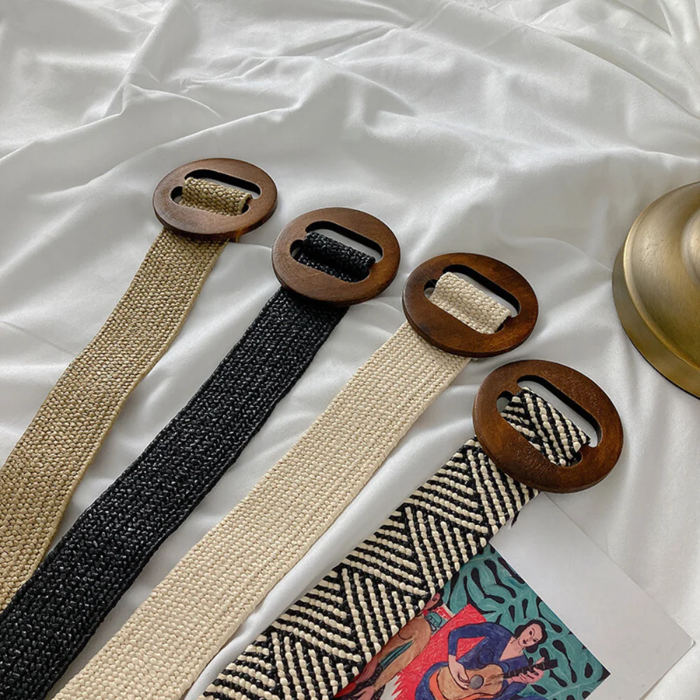Braided Belt Dress Belts for Women Fashion Straw Woven Elastic Stretch Waist Band Wood Buckle Belt