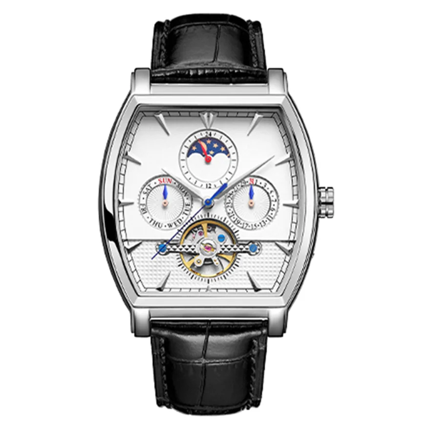 Fashion stainless steel barrel case skeleton flywheel 24 hour show men waterproof mechanical watches