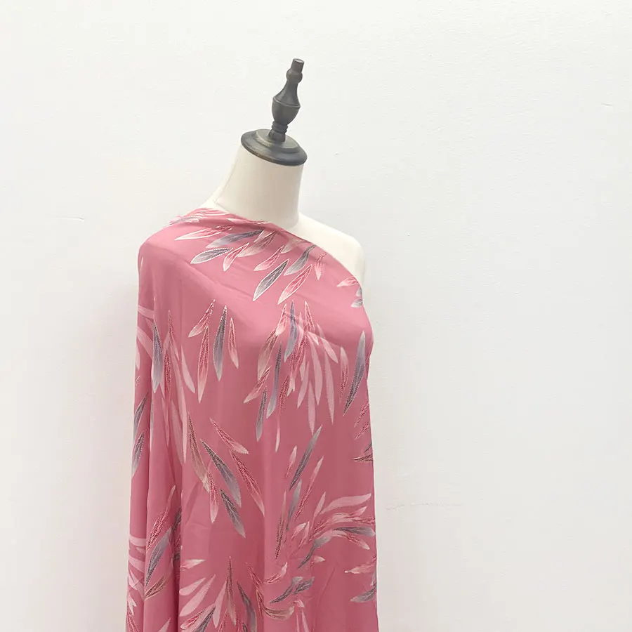 Manufacturer price women dress cloth faille salix leaf outline gold metallic printing poly georgette fabric