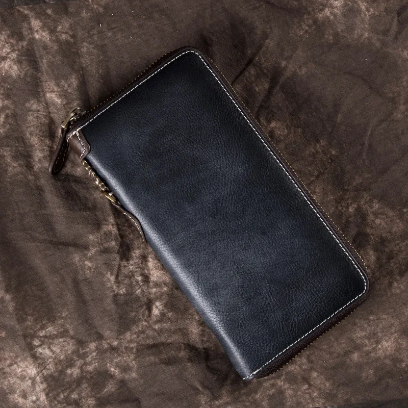 New Genuine Leather Hand Painted Zipper Wallet Men Clutch Purse Cow Leather Cell Phone Bag Wallet