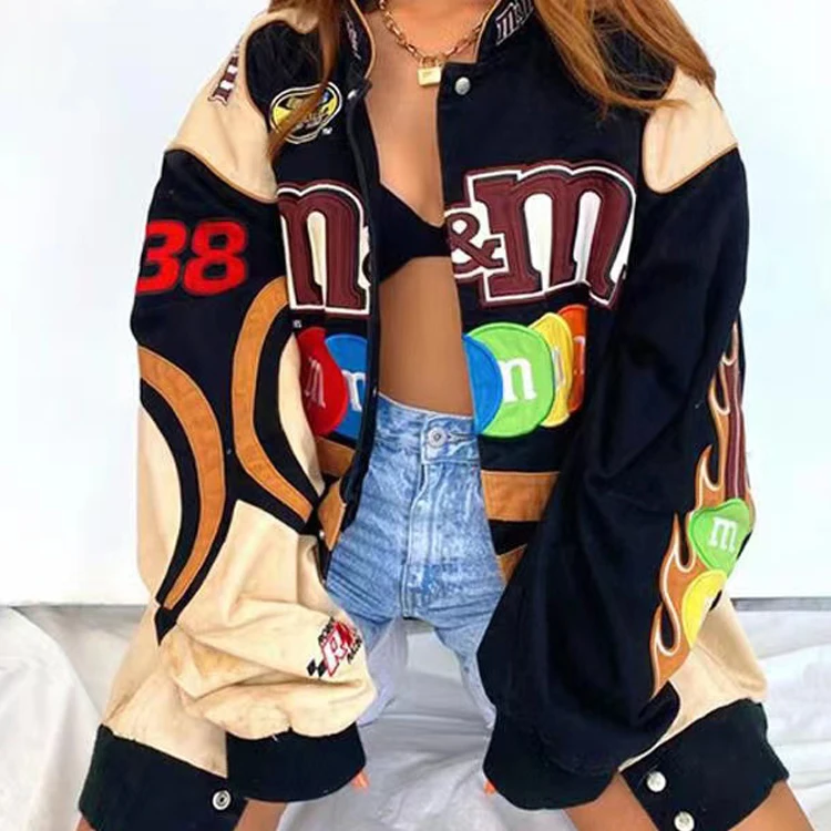 women winter jacket Coat Red Printed zipper Long Sleeve racing Jackets Vintage Sport Style Polyester Bomber Jacket Women 2021