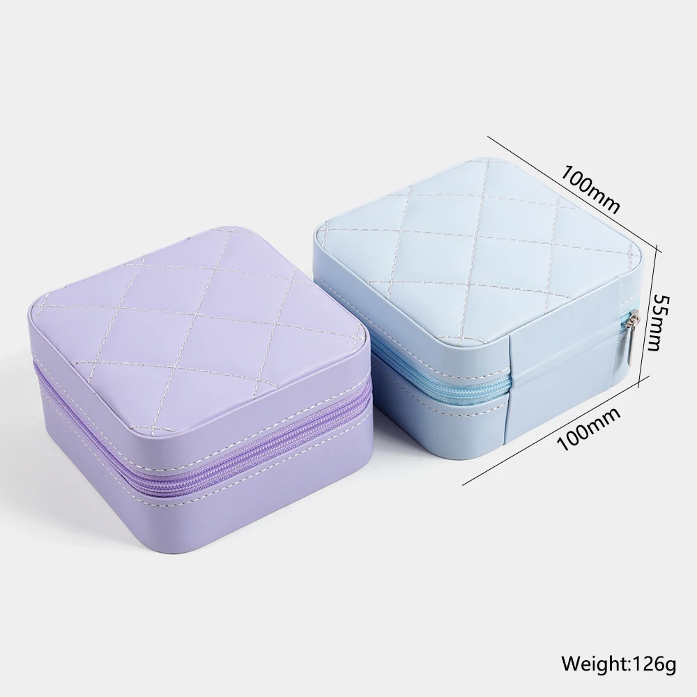 Olai PU Leather Rhombic Sewing Travel Ring Earring Pendant Jewelry Box Accessories Storage Zipper Gift Box