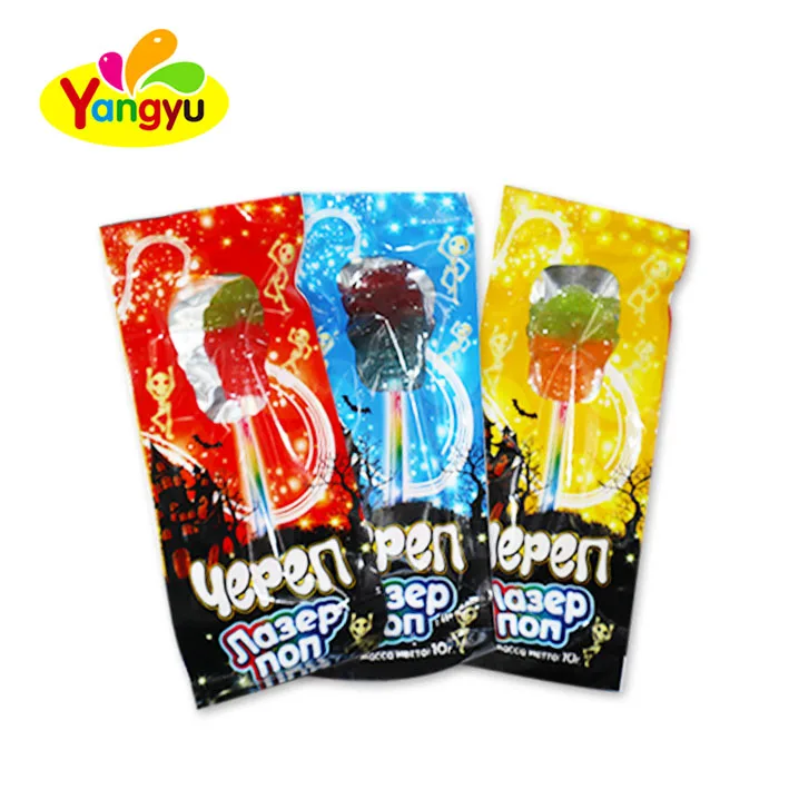 Halloween candy mixed fruit flavor Skull Head glowing fluorescent lollipop