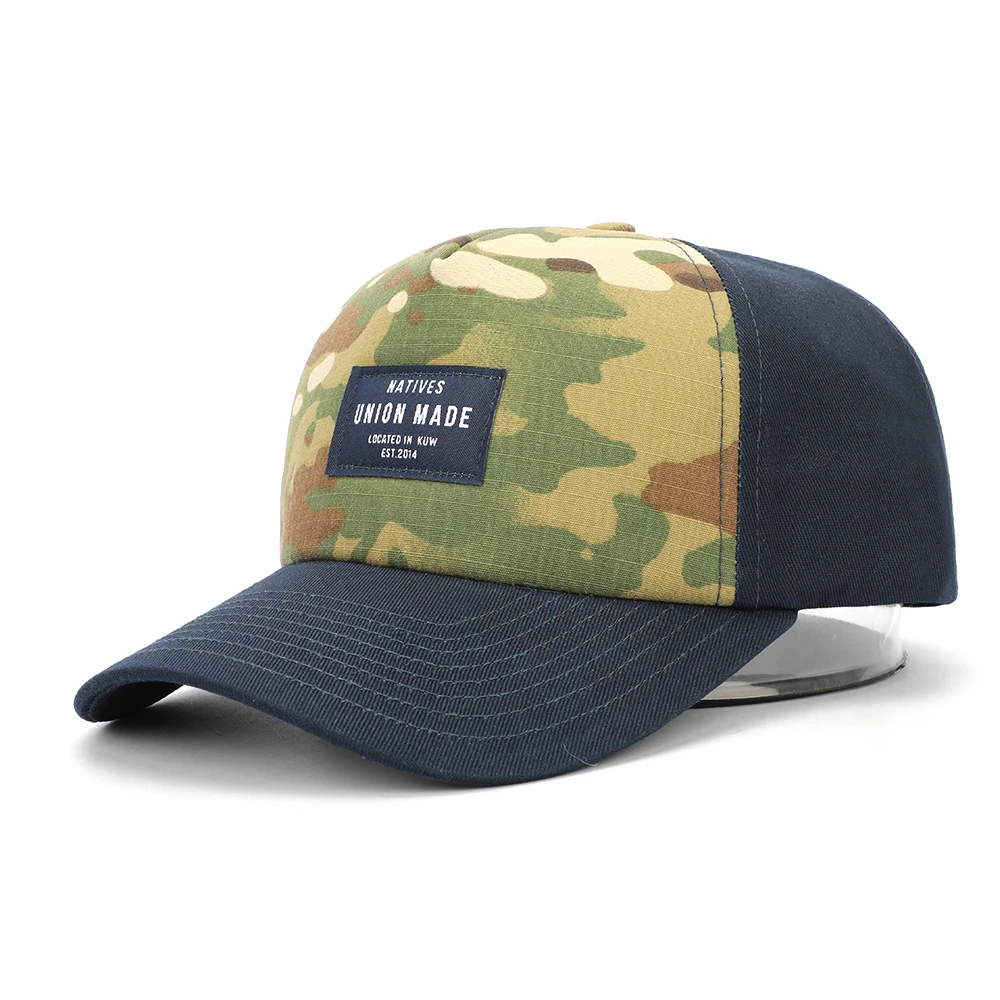 Wholesale Brand New Fashion Type Adults Custom Logo 5 Panel Cotton Navy Blue Camo Woven Patch Baseball Hat Caps