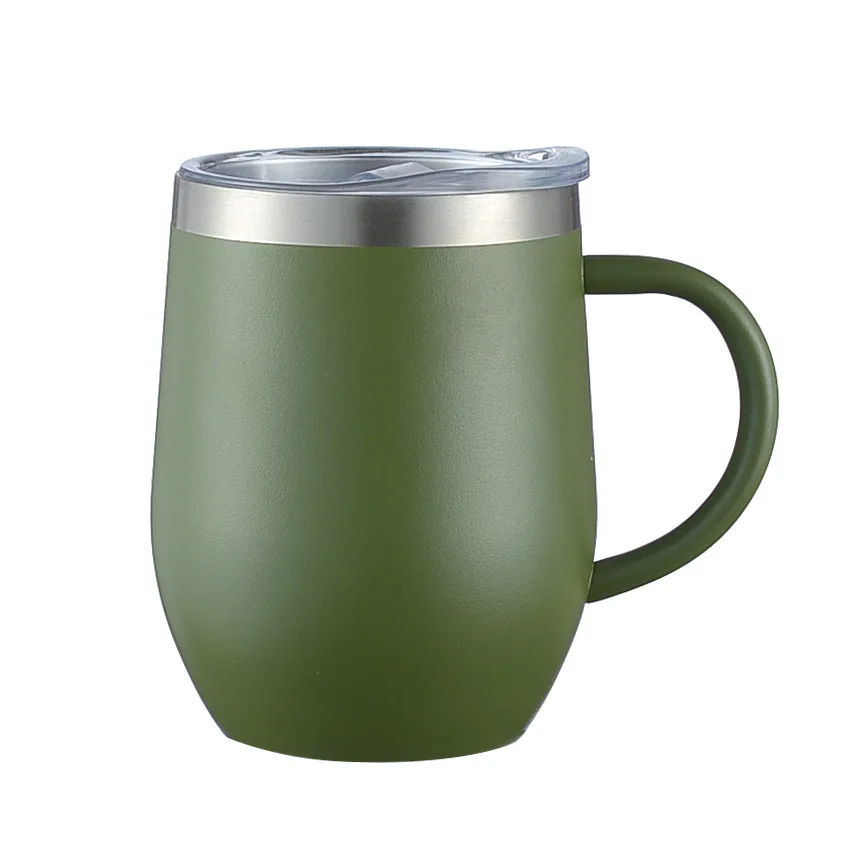 12oz powder coated coffee cup with handle  stainless steel wine tumbler egg shape double-layer vacuum insulation mug