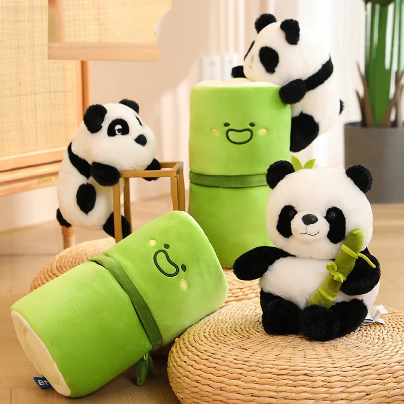 DOULUO Bamboo tube panda plush toy cute holding pillow hugging bamboo doll panda doll birthday gift