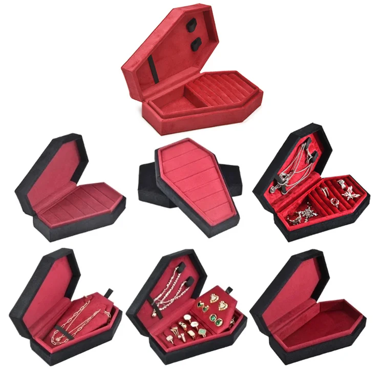 Wholesale Bulk Velvet Jewelry Box Organizer Custom Design Coffin Shape Necklace Pendant Earring Rings Jewelry Case