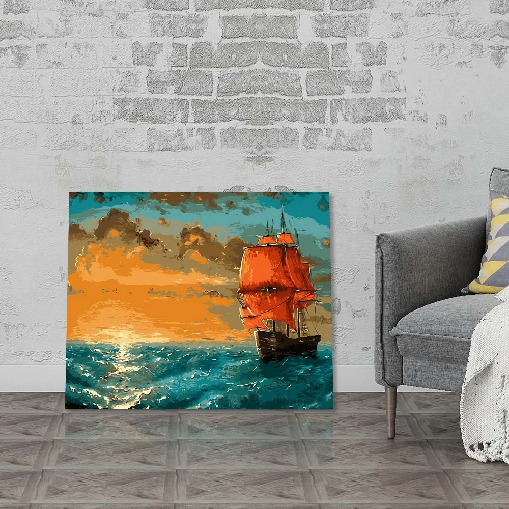 Modern Design sailboat sailed on the sea at sunset diy oil painting by numbers