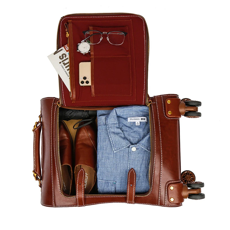 New leather retro trolley case 20 inch 360 Degree Wheels travel suitcase vegetable tanned leather hand luggage