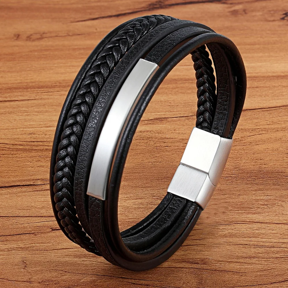 HOT Selling Multi Leather Bracelet For Men With Magnetic Clasp Stainless Steel Wristband Plan Bar For Personal Engrave Bracelet
