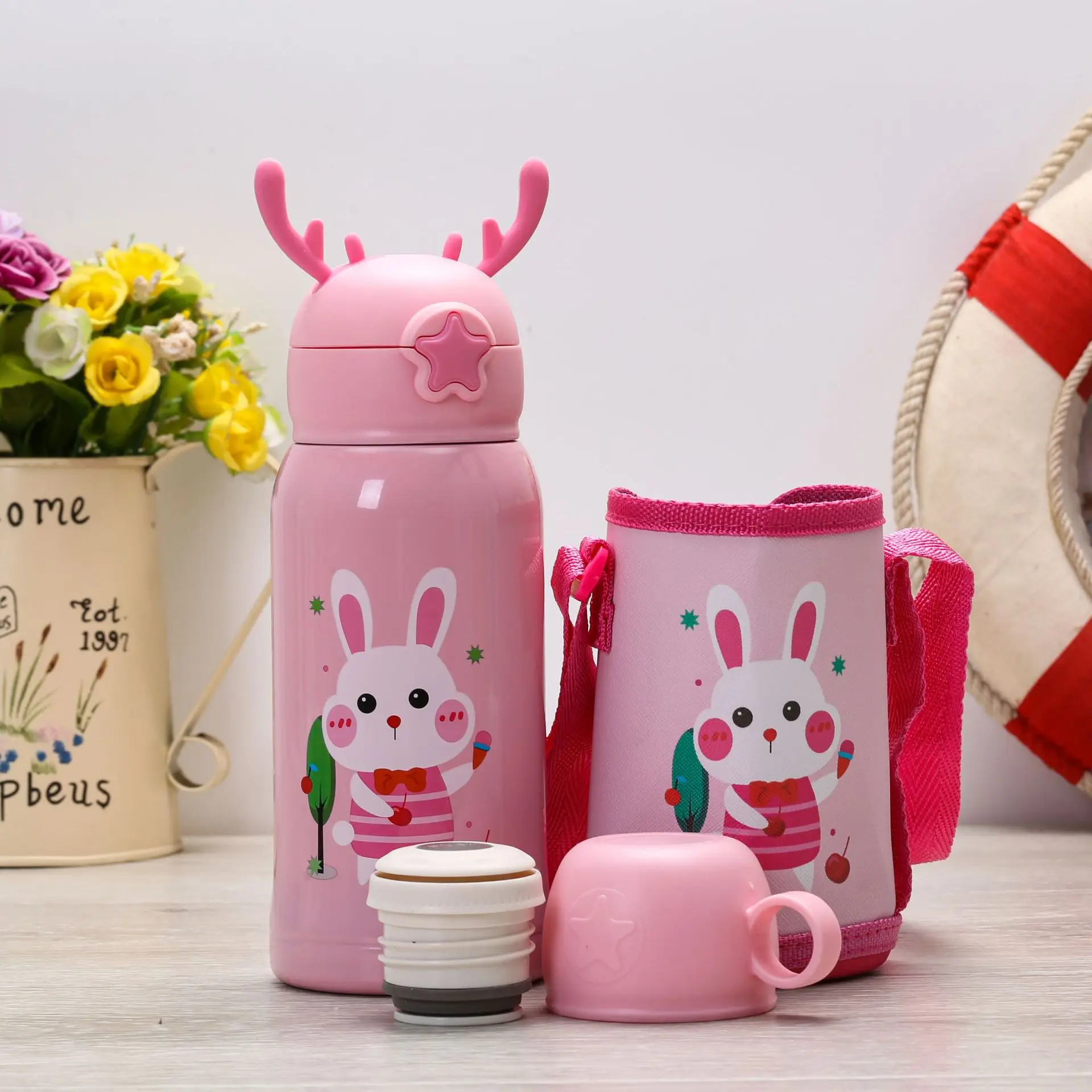 Custom 500ml 17oz Kawaii Deer Antler Water Bottles For Kids School Children 316 Stainless Steel Vacuum Thermos