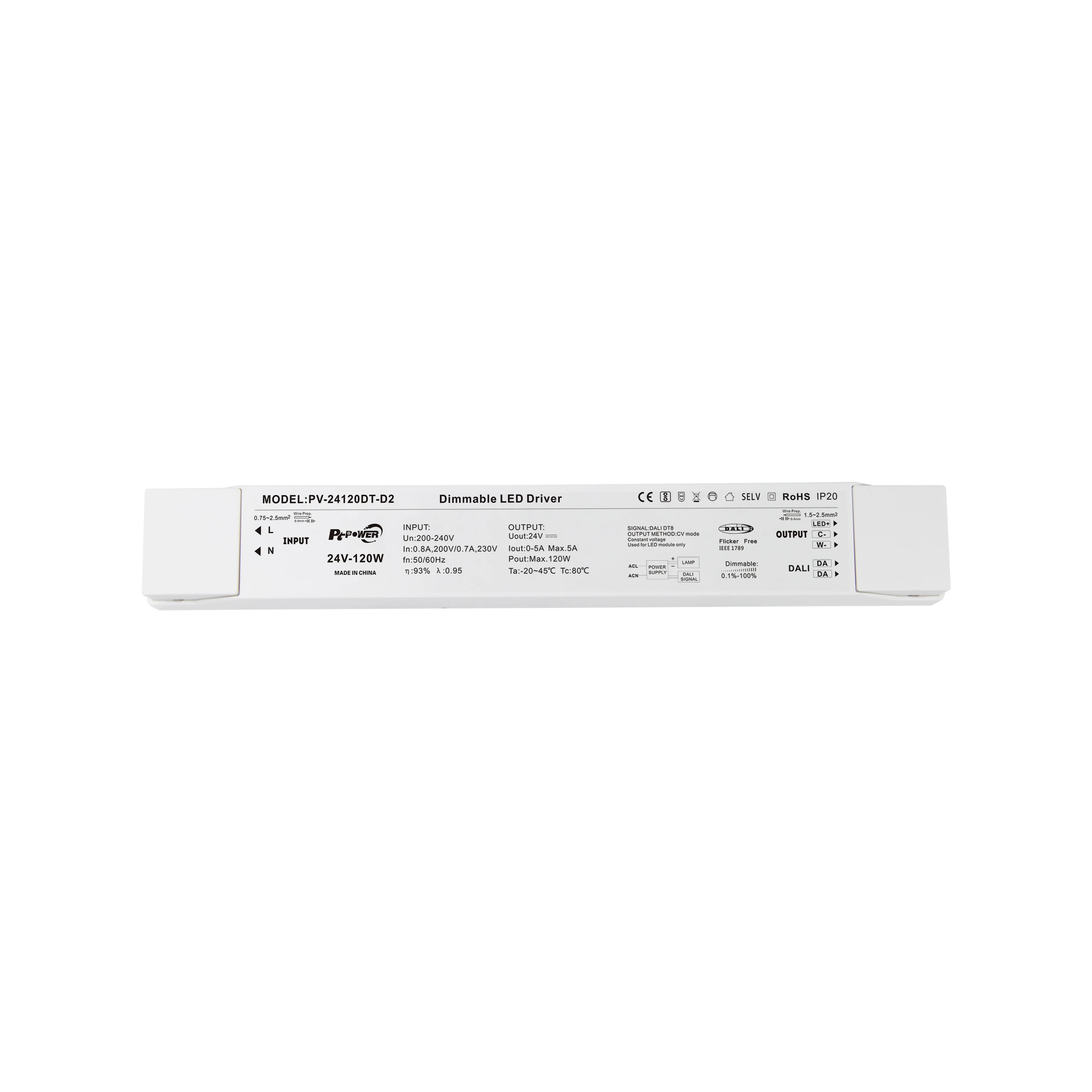 DALI Dimmable LED Driver 12V Slim Waterproof IP20 120W DT6 DT8 LED Dimmer Driver for Indoor Smart Lighting