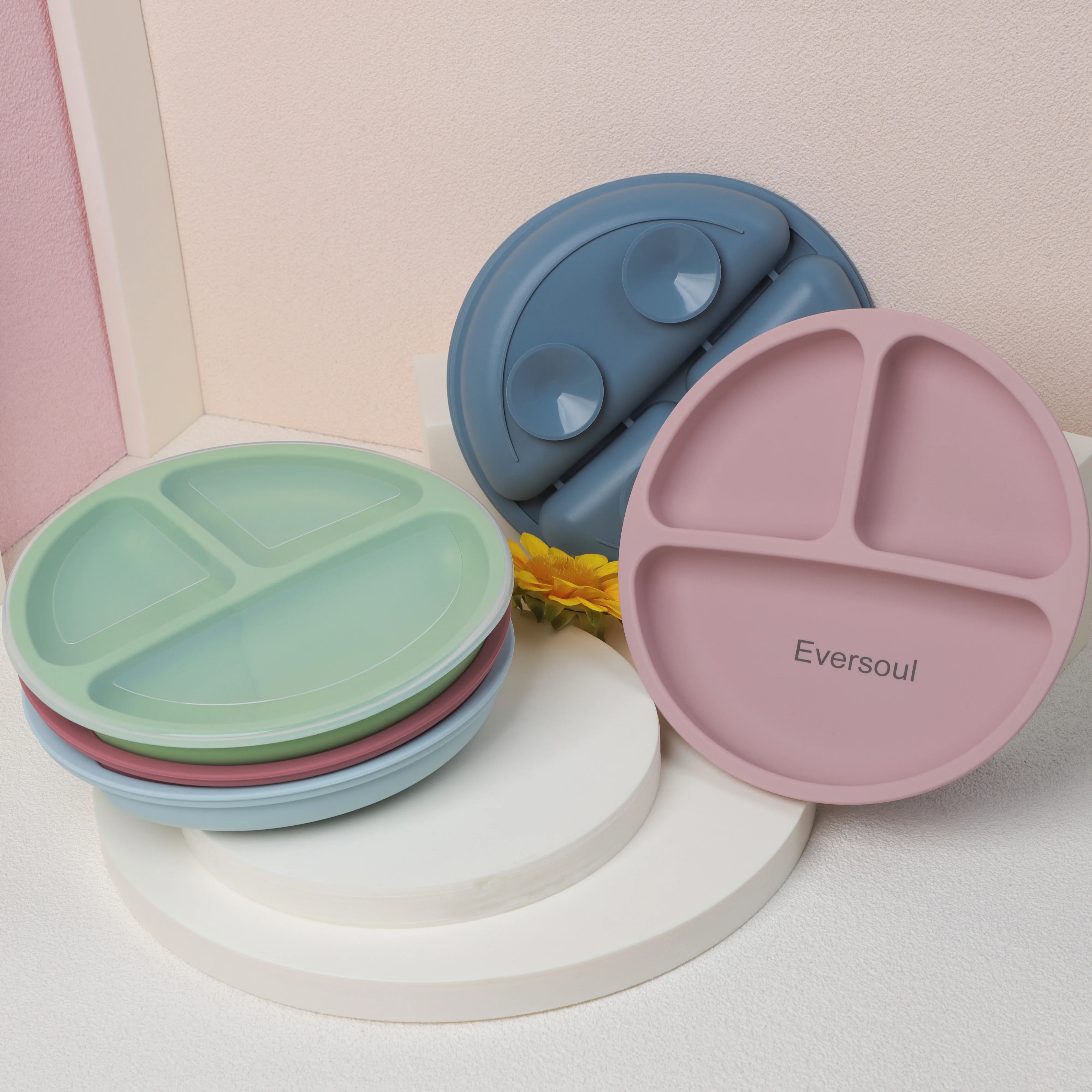 ES-Pro BPA-Free Wholesale Kids Baby Dinner Plate Cute Solid Silicone Suction Plate Dishwasher Microwave Safe Divided Dish Food