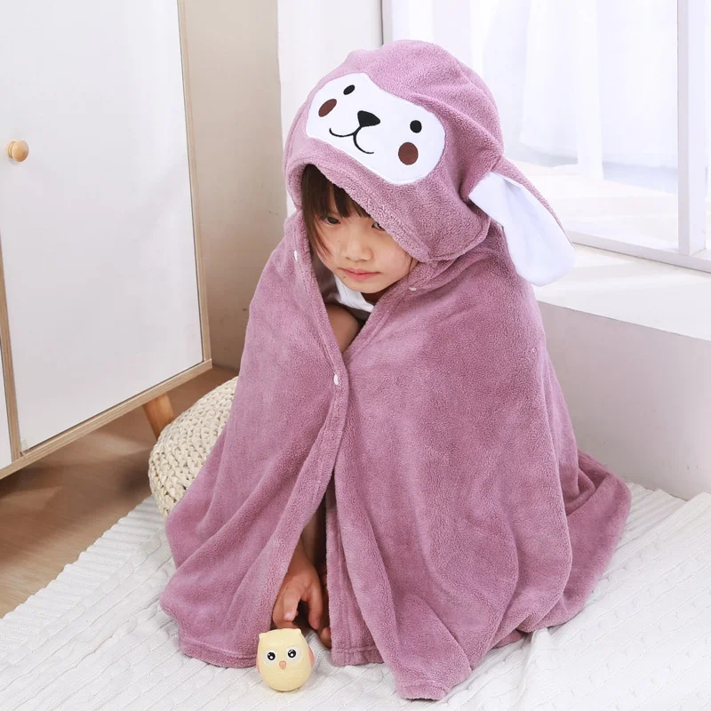 Cartoon Animal Kids Soft Fast Absorbing Microfiber Coral Fleece Baby Hooded Bath Wrap Baby Towel