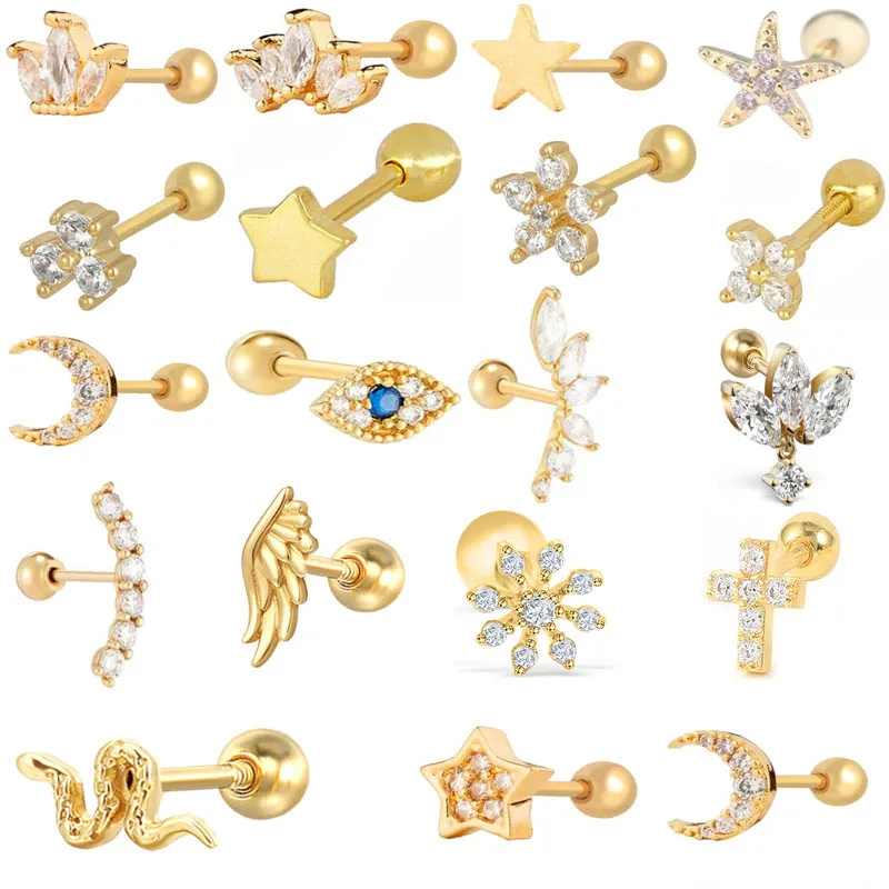 925 Sterling Silver Cute Zircon Ear Bone Nail Mini Moon Star Gold Silver Color Piercing Stud Earrings for Women Jewelry