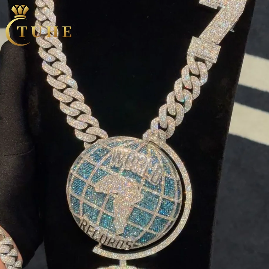 Customized Big Size Hip Hop Jewelry 925 Sterling Silver VVS Moissanite Diamond Globe Africa Map Pendant For Men