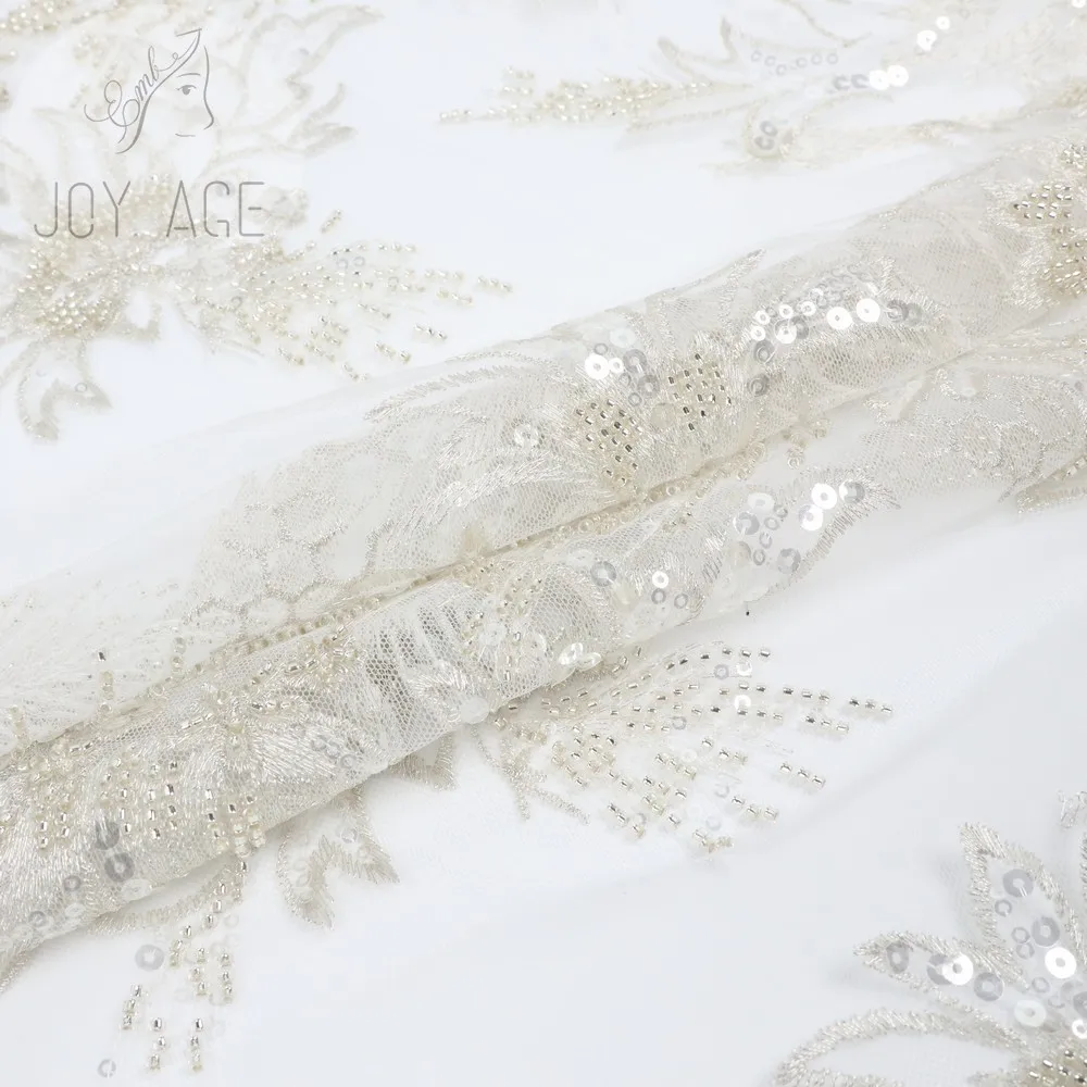 Office White 3d Flowers Tulle Heavy Sequined And Pearl Beaded Embroidery Border Laces Fabrics For Bridal Gown Clothing