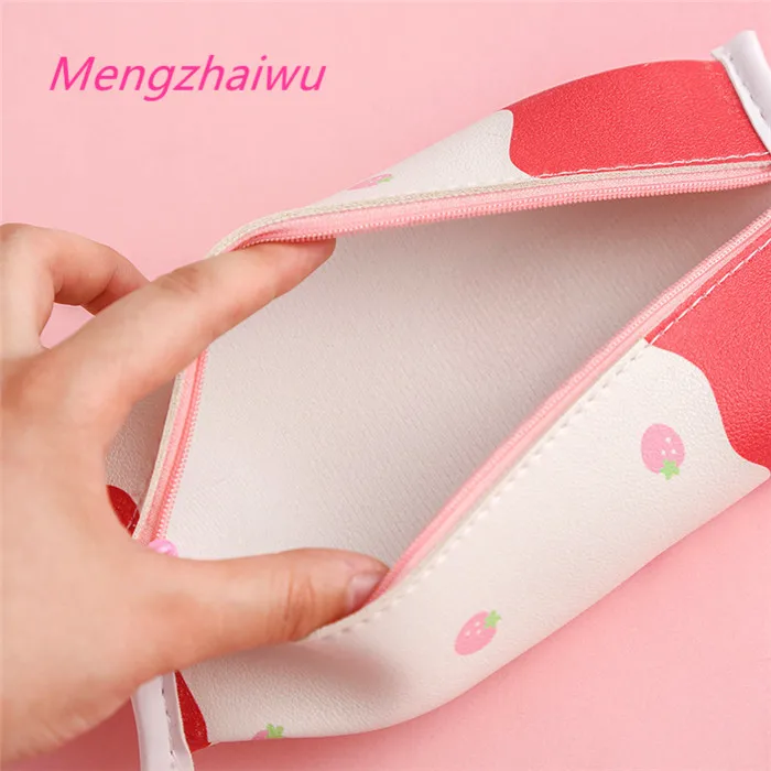 Japan kawaii school supplies list of stationery for kids girls sweet pink Strawberry cute zipper pencil case leather pen bag
