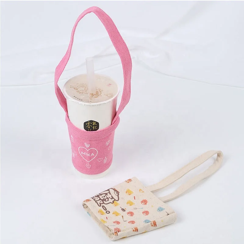 Cotton Canvas Coffee Cup Sleeve Carrier Bag for hot drinks With Handle strap