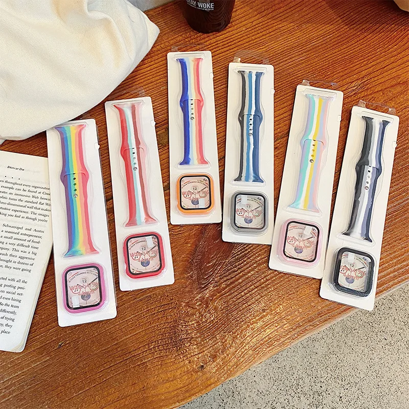Wholesale Rainbow Colorful Silicone Sport 44 42 40 38 mm Silicone Watch Strap With Hard Frame Cases