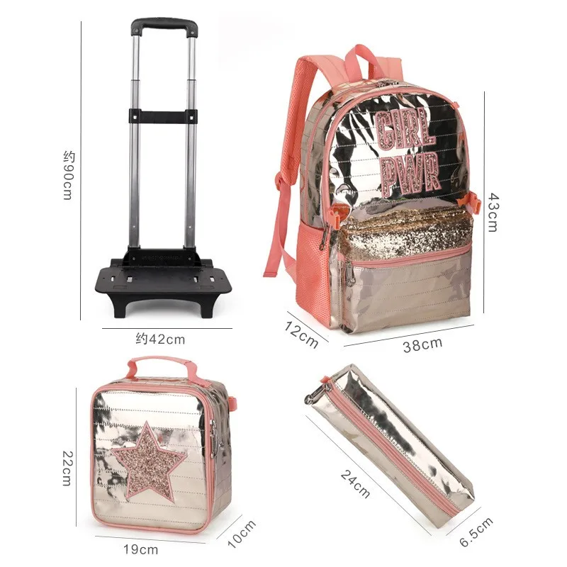 Factory Fashion PU leather Kids Children 3pcs set trolley School backpack bag with wheels for carrying