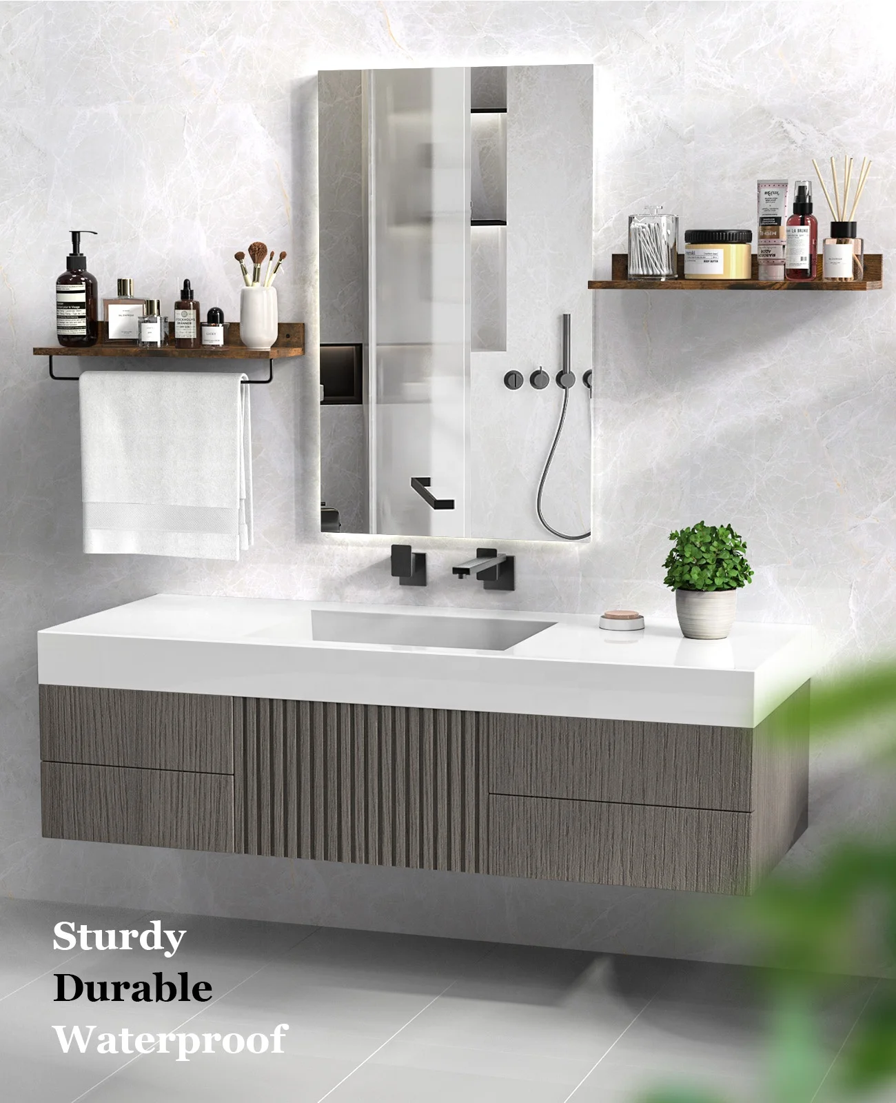 Custom Wood Decor Rustic Floating Shelves Wall Mounted Toilet Paper Towel Rack Set Dark Brown Bathroom Wall Shelf with Towel Bar