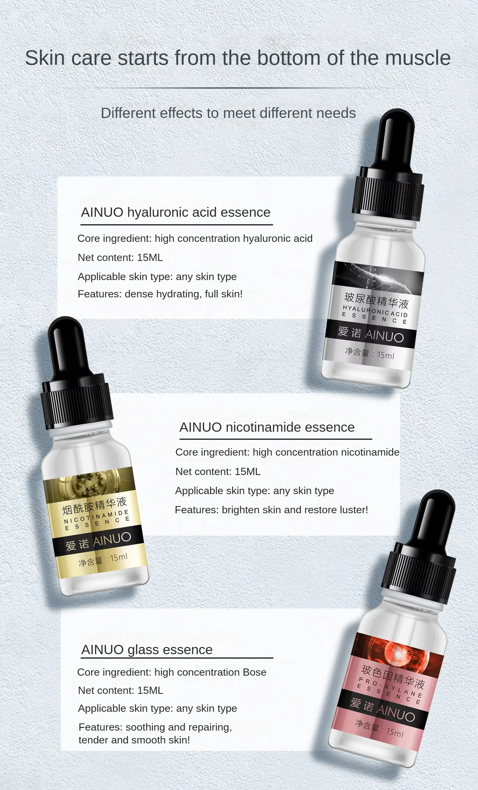 Private Brand AINUO Organic Hyaluronic Acid Essence Lotion Face Hydrating Moisturizing Anti-Aging Whitening Anti-Wrinkle Skin