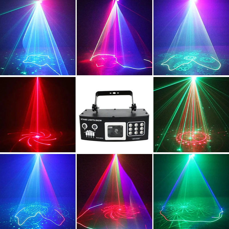 4-in-1 3D Animated Laser Projector 9-LED Par Lamps with UV Effects Remote Sound & DMX Control for DJ Disco Parties Bars & Clubs