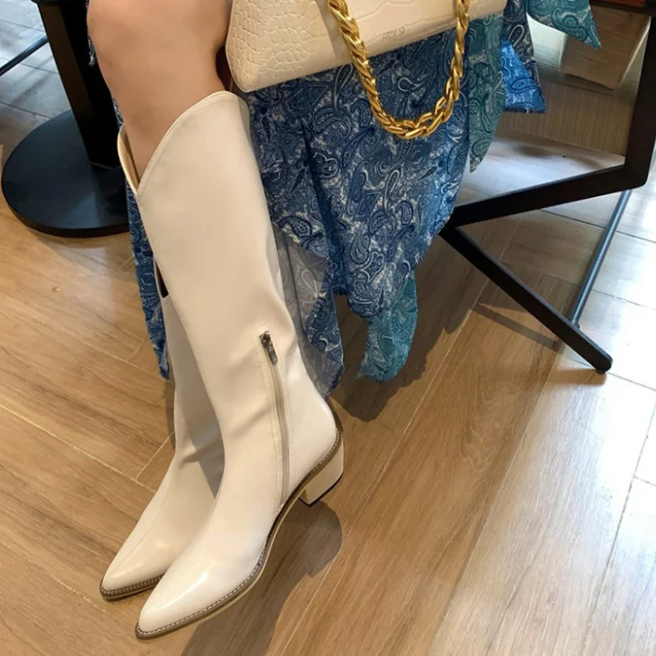 2022 Spring Autumn Ladies No-Knee Chelsea Boots Women White Thick Heel Pointed Toe Retro Mid-tube Cavalier Boots