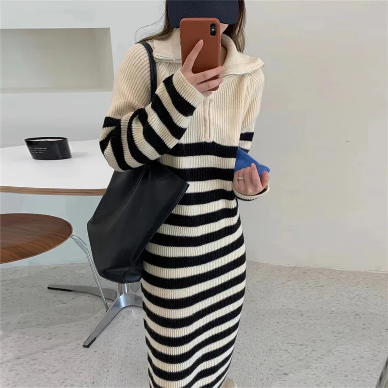 Striped Midi Length Pullover Dress Casual Women Long Sleeve Zipper Knitted Dress