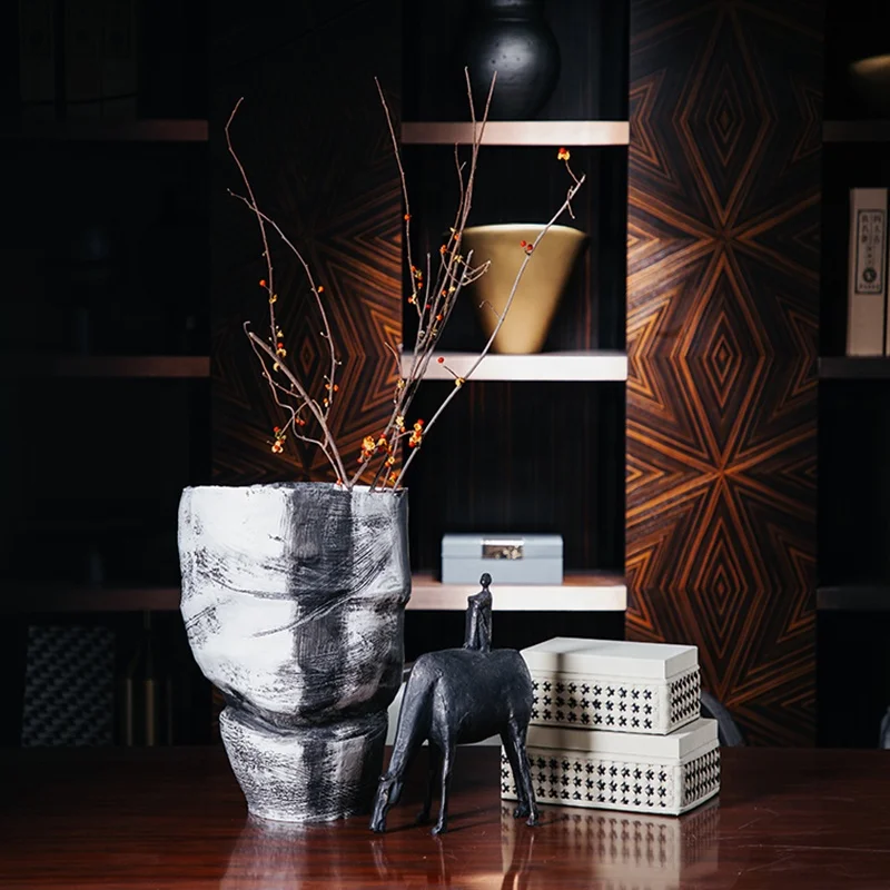 Chinese Style Collection White and Black Ink Rhyme Flower Vase Hotel Lobby Console Table Desktop Interior Decorative Accessories