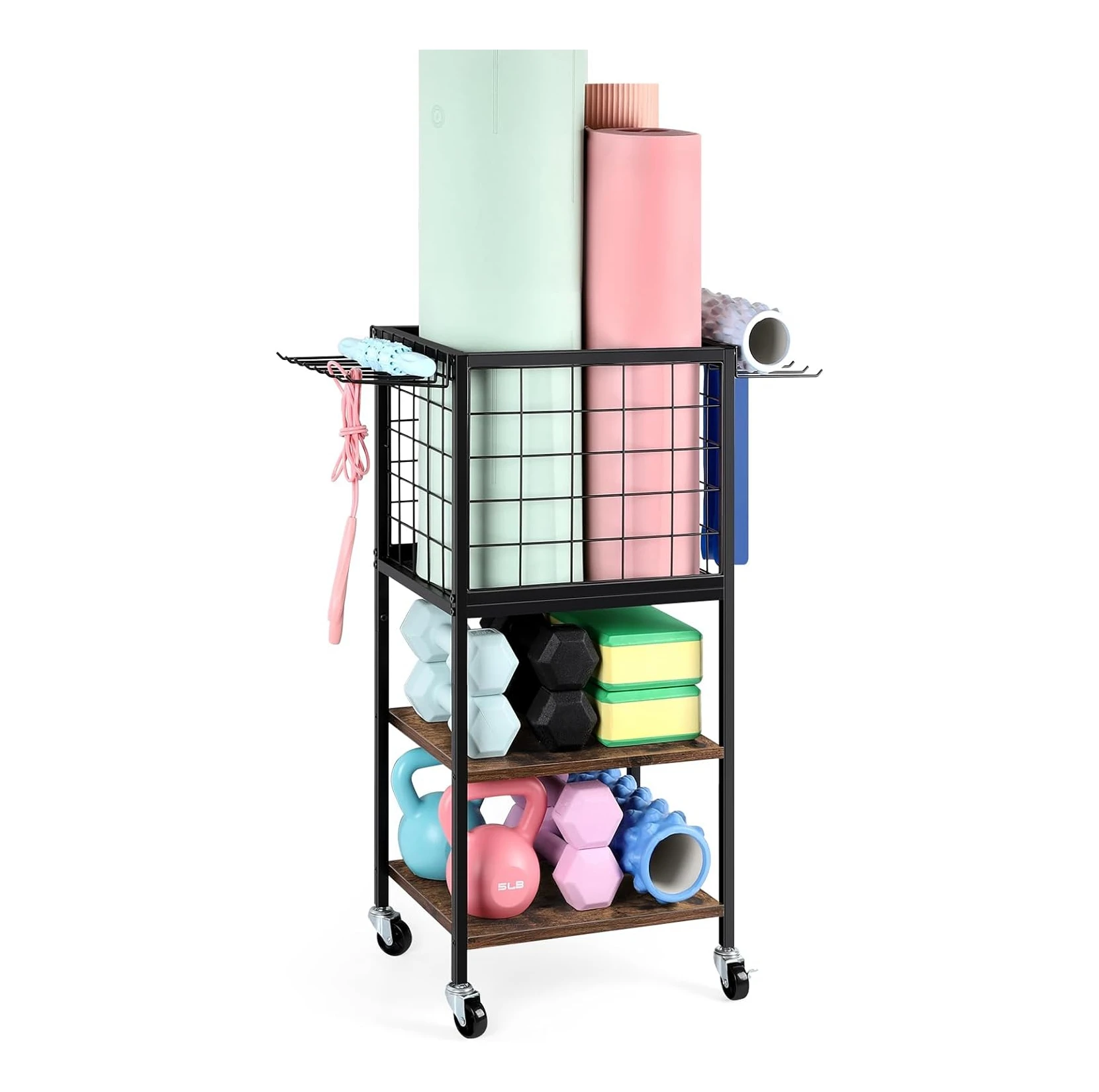 Weight Rack for Home Gym Dumbbells Yoga Mat Storage Rack Cart Small Metal Wood Home Gym Workout Equipment Storage with Hooks