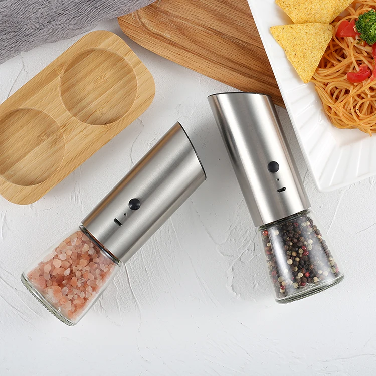 Stainless steel Rechargeable USB Gravity automatic Electric himalayan Salt Grinder with Light spice Pepper Grinder set