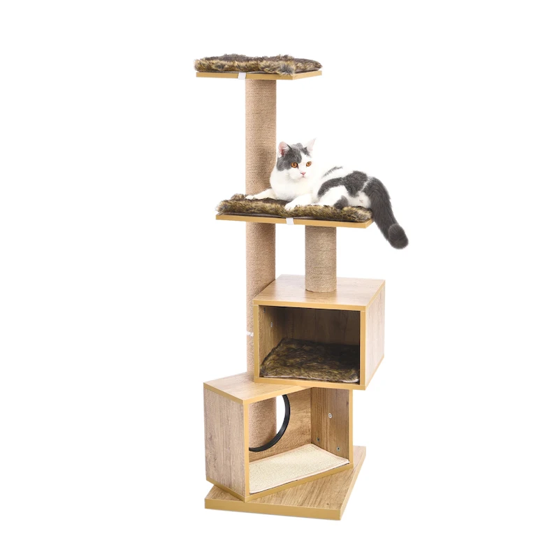 Wooden Cat Tree Tower Kitten Activity Center Sisal Scratching Post