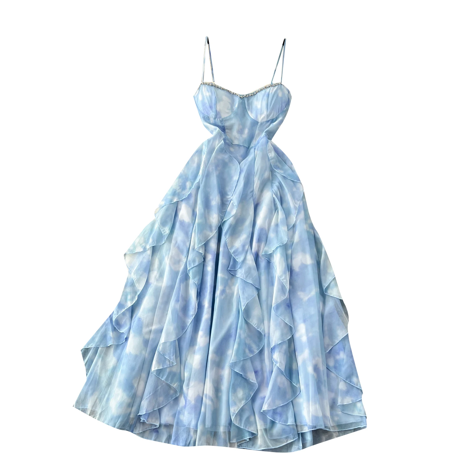Summer Fairycore Tunic Midi Dress For Women Strapless Sleeveless Diamonds Ruffled Lace Dresses Ladies Elegant Dresses