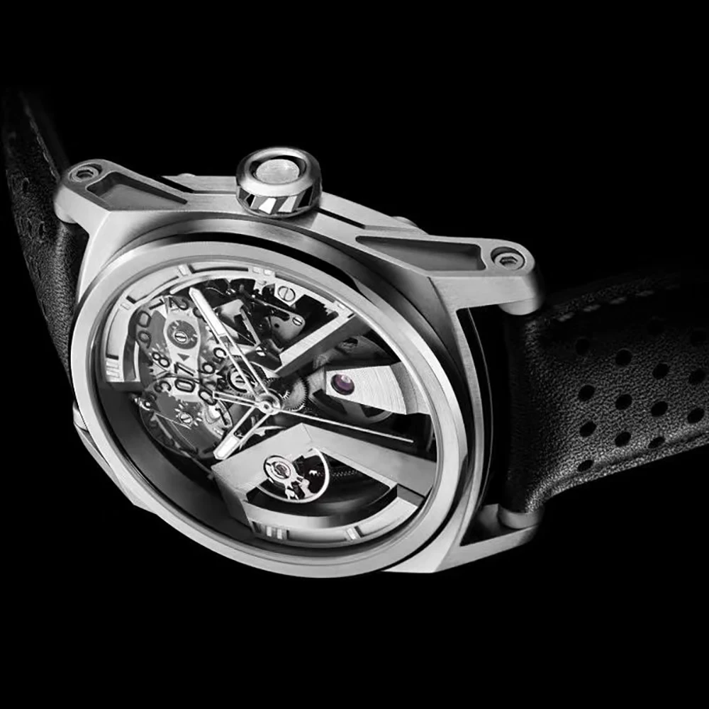 Men Artist Series Skull Automatic Skeletonized Dial Label Stainless Steel Bracelet Watch Water Resistant Analog Fashion Watch