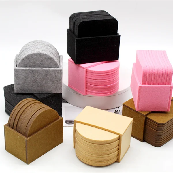 Colorful 10 cm Laser Cut Felt round and Square Glass Coasters with Holder Shaped Felt Placemats for Wholesale Use