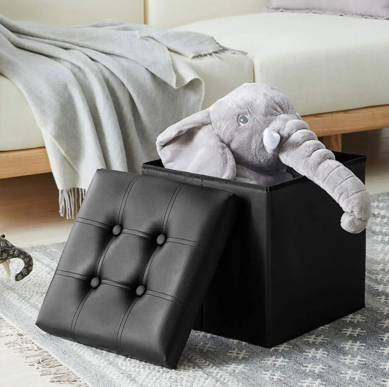 Factory Outlet High Quality 30 Inches Faux Leather Pouf Ottoman Of Bedroom Folding Bench With Buttons Collapsible Storage Stool