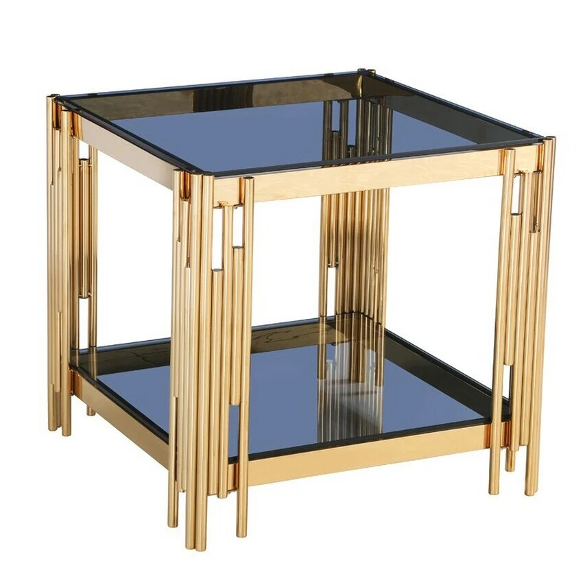 Modern Living Room Golden Stainless Steel Base Black Stand Tempered Glass Top Side Table