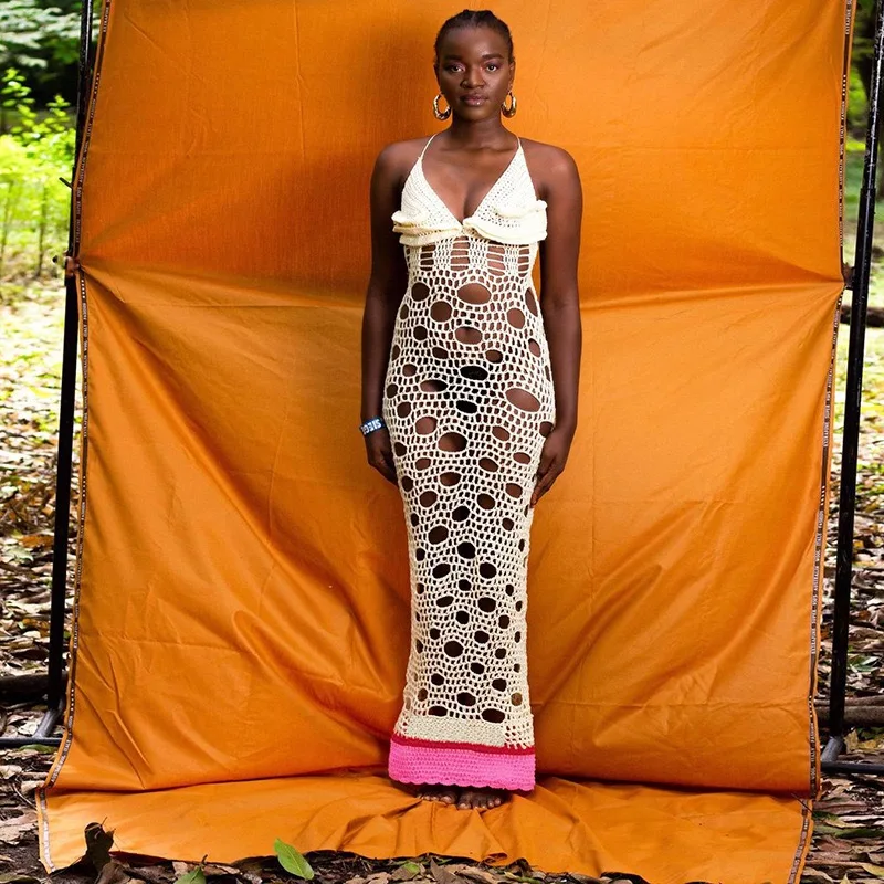 2024 Handmade Women Sexy Crochet Beach Dress Vacation Outfits See Through Hollow Knit Backless Maxi Dresses Summer Clothes