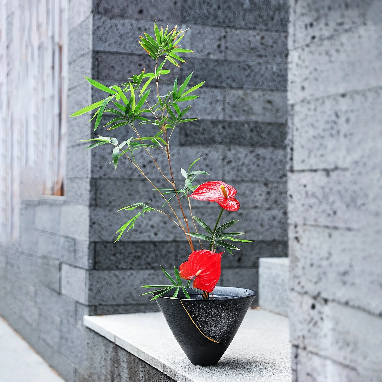 Ceramic Snowy Pond Square Bamboo Hat Bowl Flower Insertion Device Vase Flower Pot Simple Zen Living Room Desktop Decoration