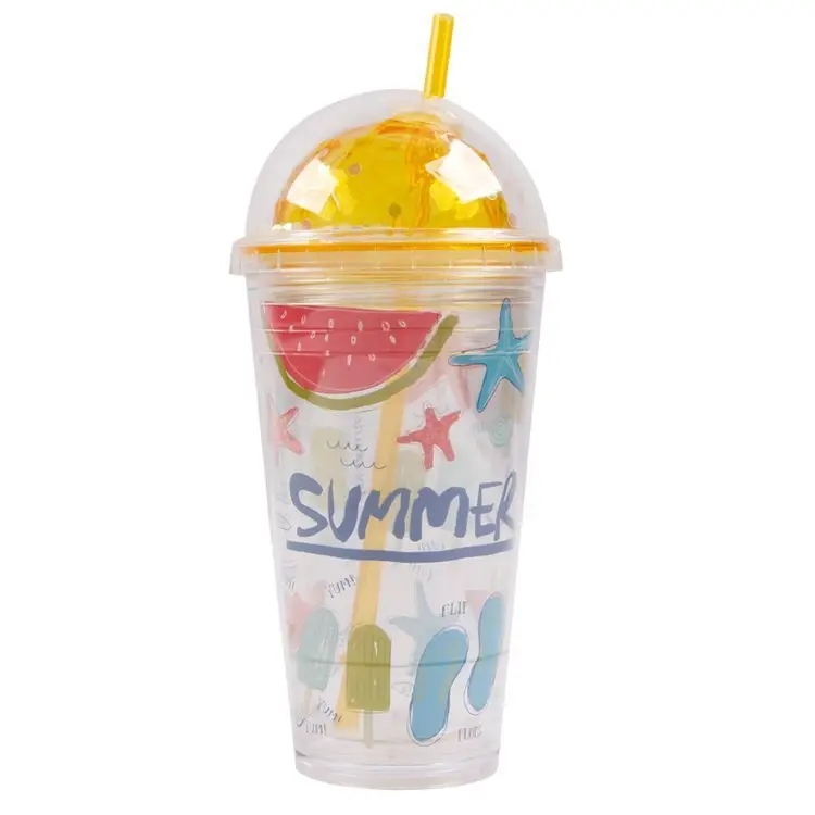 Wholesale Promotional 400ml Fruit Print Double-wall Dome Top Drinking Plastic Water Bottle with Lid and Straw