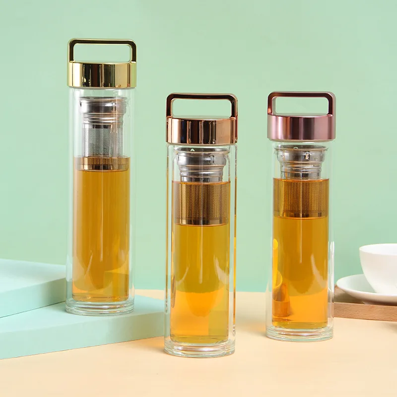 Seaygift portable handle clear double wall tea separation glass cups tea infuser glass water bottles with tea strainer