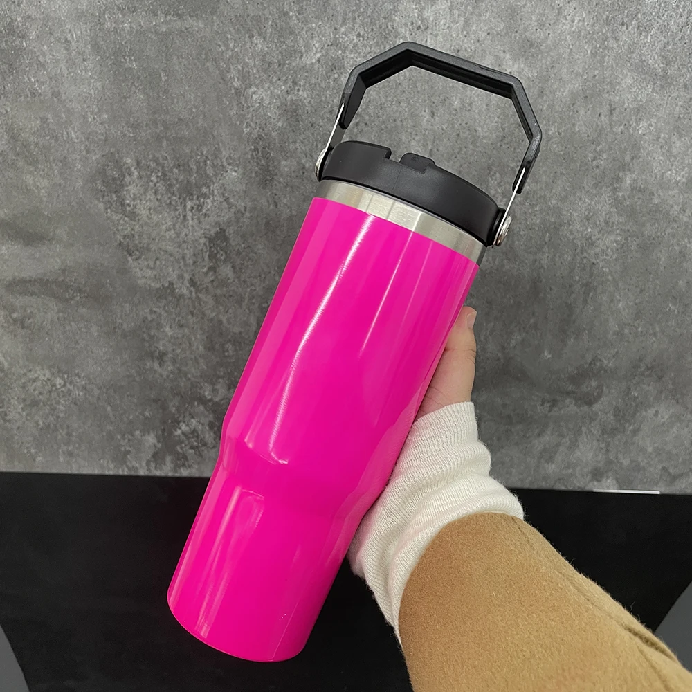 New Arrival Neon 30Oz Insulated Sublimation Tumbler With Swing Handle Lid Stainless Steel 30 Oz Sublimation Flip Straw Tumbler