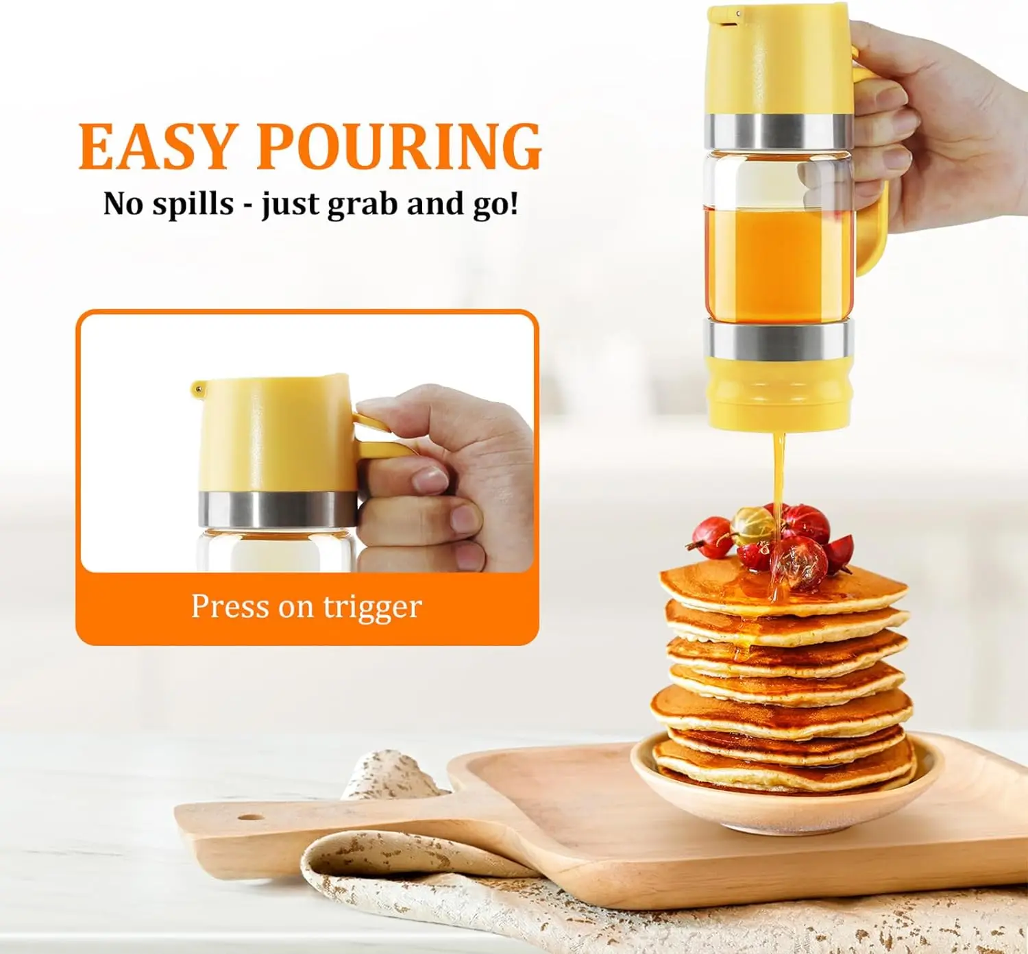Glass Honey Dispenser Pot No Drip 9 OZ Honey Jar with Handle Syrup Dispenser for Coffee or Tea Ideal for Honey and Syrup Yellow