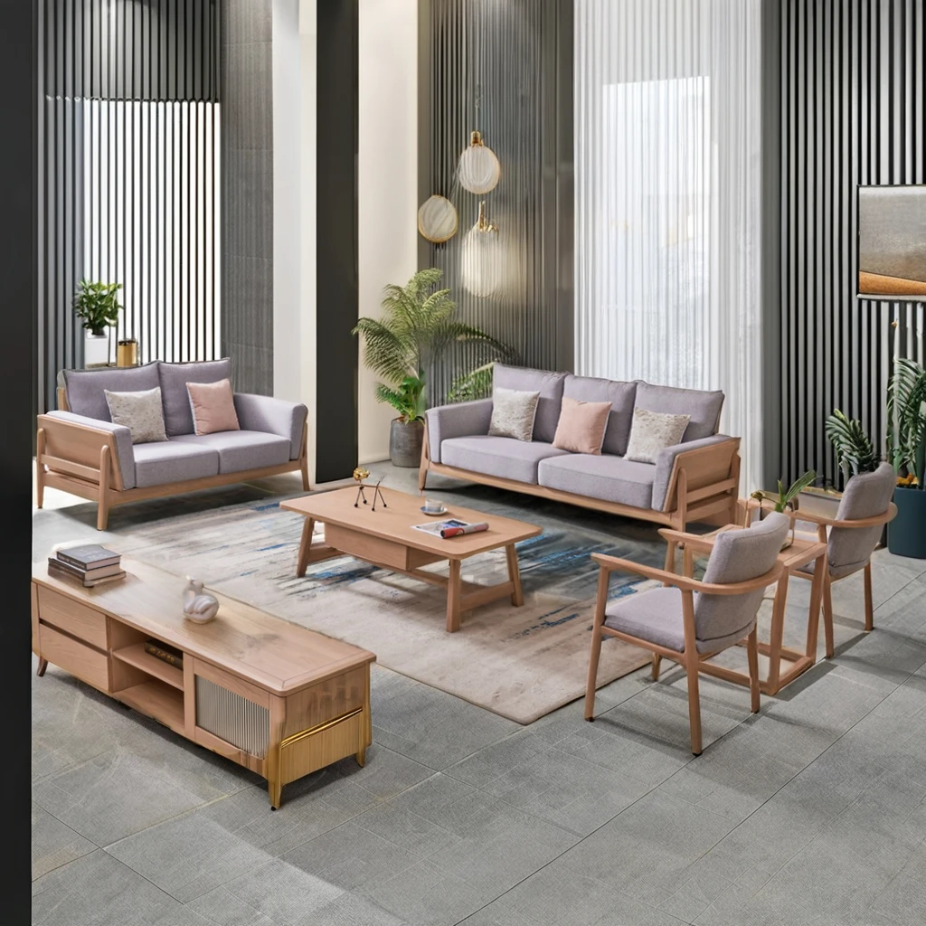 New Chinese Solid Ash Wood 3-Piece Sofa Set European Style Fabric Sofa with Foam Padding Bed Comfortable Hotel Living Room Use