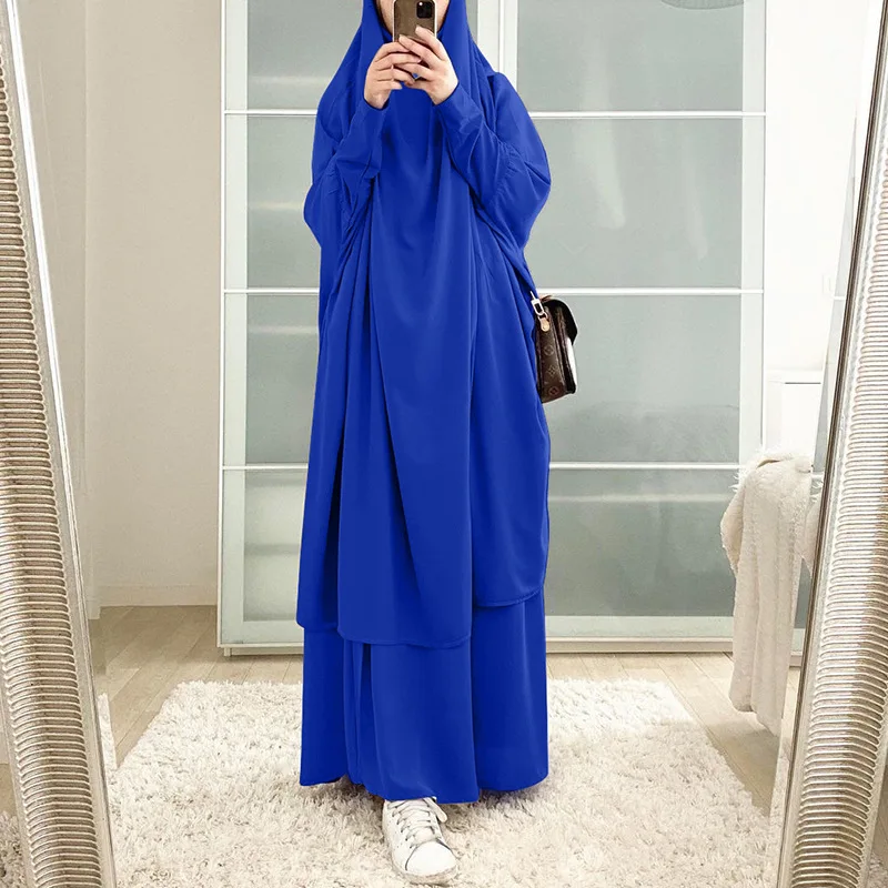 New Arrivals Plain Color Chiffon 2 piece Closed Abaya Set with Hood Silk Islamic Clothing Women Black Muslim Pants Long Dress